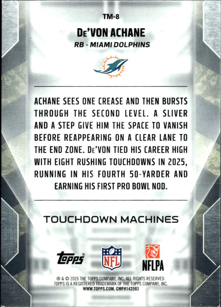De'Von Achane 2026 Topps Touchdown Machines 15/99 Miami Dolphins