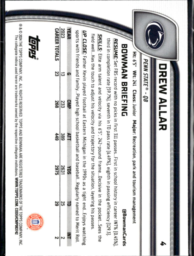 Drew Allar 2024 Bowman Chrome Xfractor Rookie RC Penn State Nittany Lions