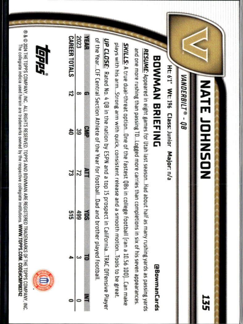 Nate Johnson 2024 Bowman Chrome 1st Purple Refractor /375 Vanderbilt Commodores