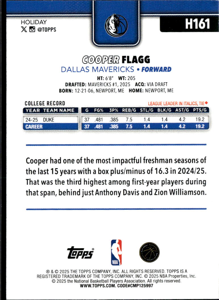 Cooper Flagg 2025 Topps Holiday Rookie RC Dallas Mavericks