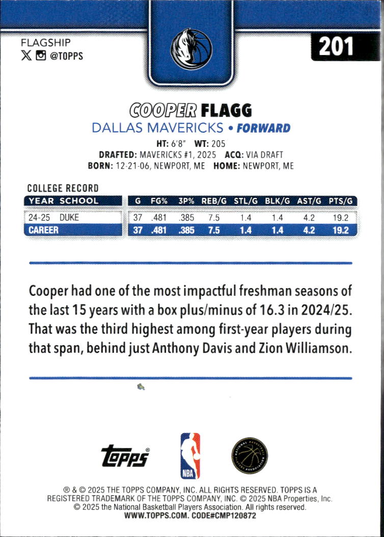 Cooper Flagg 2025 Topps RC Dallas Mavericks