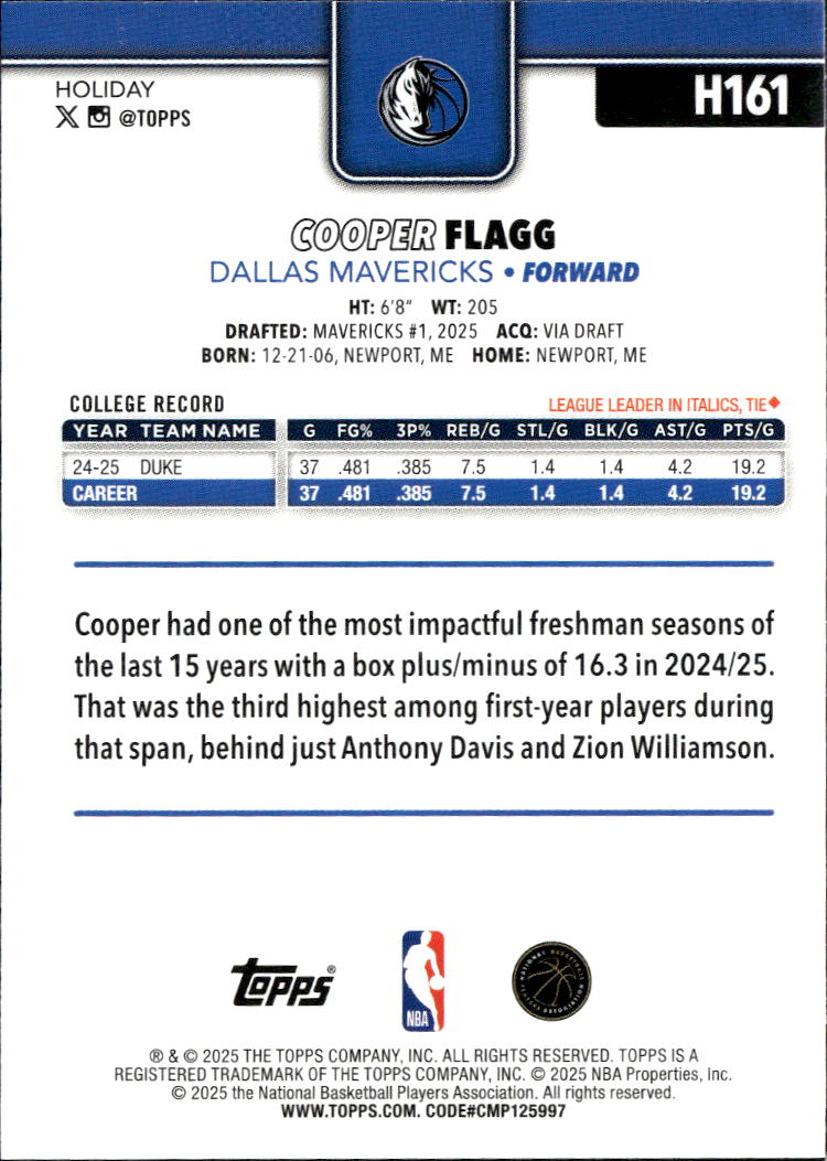 Cooper Flagg 2025 Topps Holiday Rookie RC Dallas Mavericks