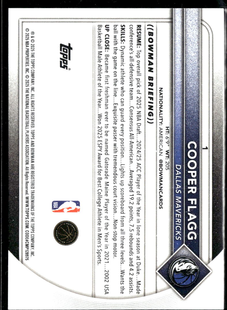 Cooper Flagg 2025 Bowman Rookie RC Dallas Mavericks