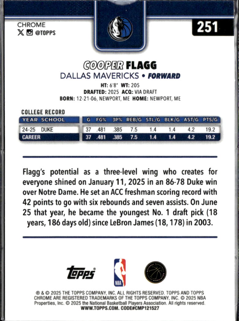 Cooper Flagg 2025 Topps Chrome Rookie RC #251 Dallas Mavericks