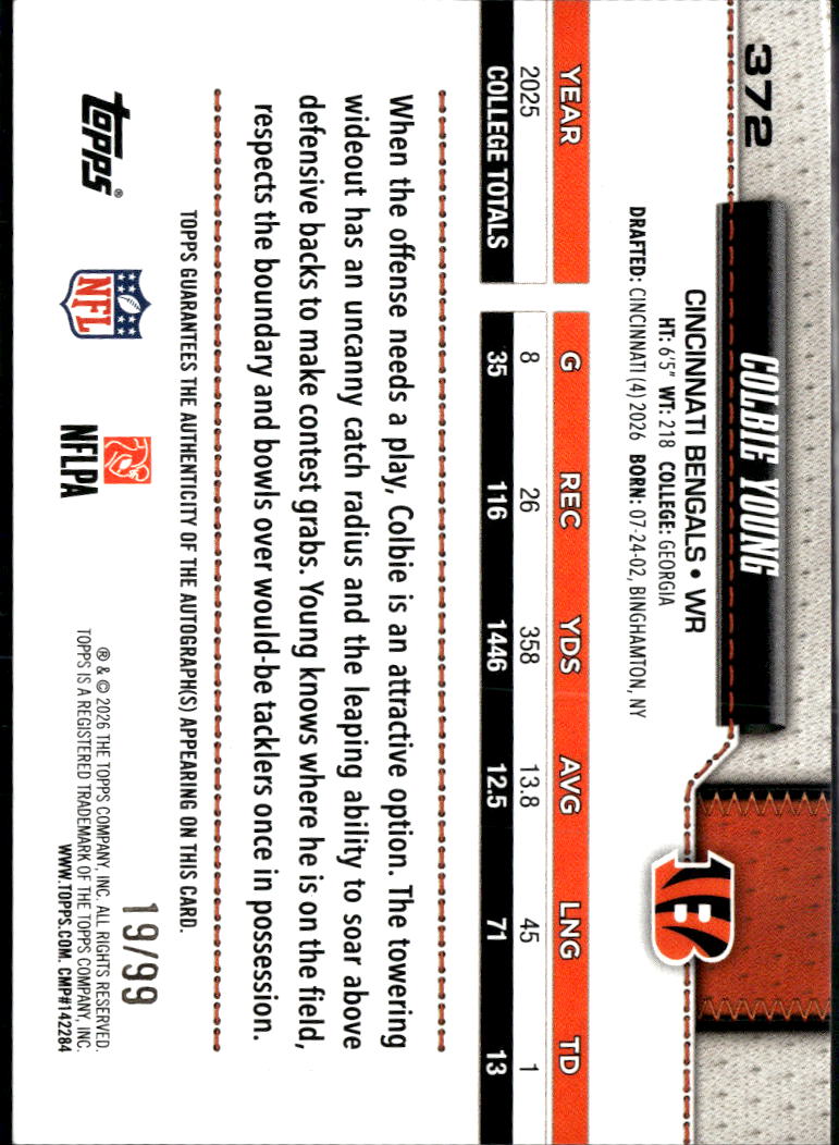 Colbie Young 2026 Topps RC Auto Green Cincinnati Bengals