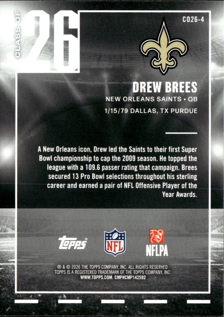 Drew Brees 2026 Topps Class of 26 SSP Insert New Orleans Saints