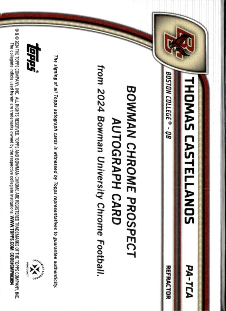 Thomas Castellanos 2024 Bowman Chrome 1st Auto Autograph /299 Boston College