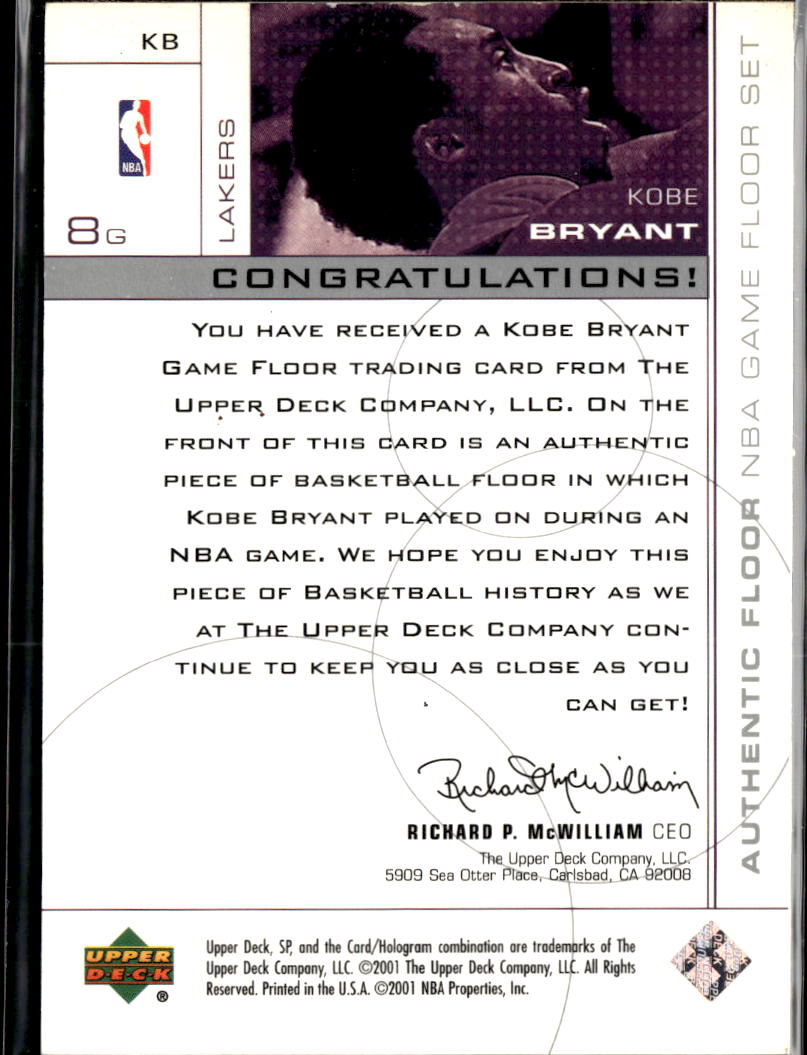 Kobe Bryant 2001 Upper Deck SP Game Used Floor Los Angeles Lakers