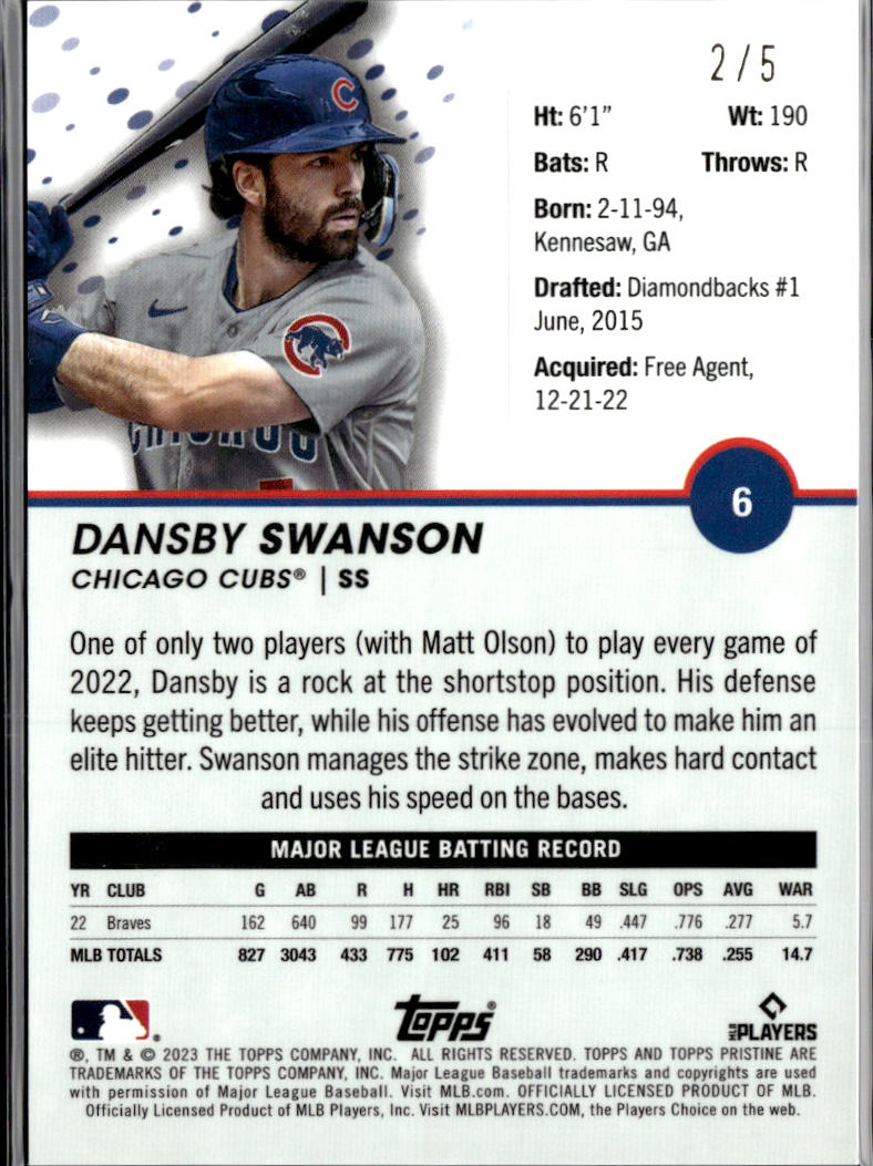 Dansby Swanson 2023 Topps Pristine Red Refractor 2/5 Chicago Cubs