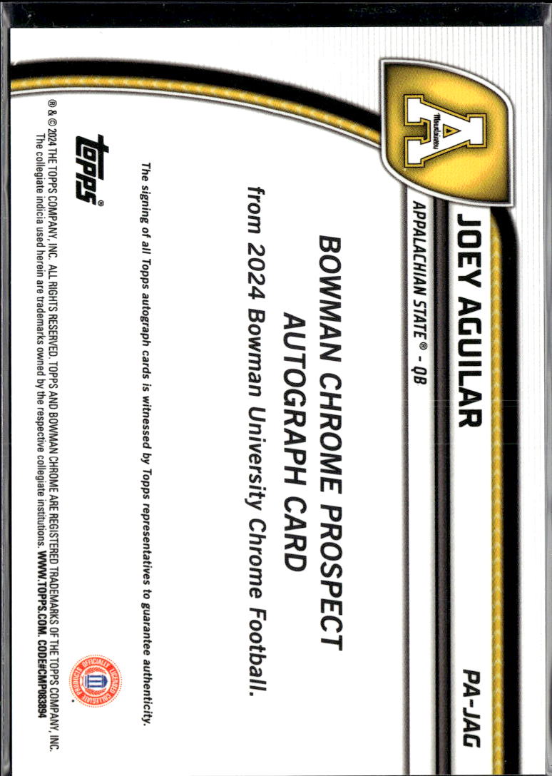 Joey Aguilar 2024 Bowman Chrome 1st Auto Autograph Appalachian State
