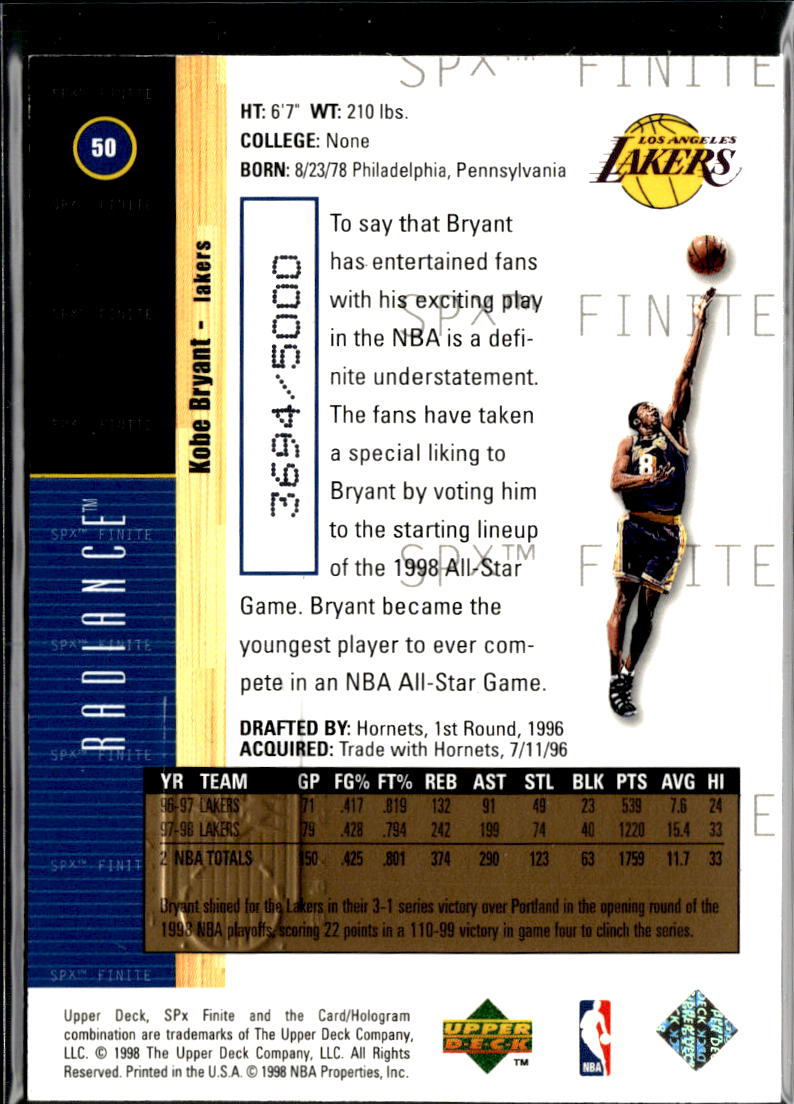 Kobe Bryant 1998-99 Upper Deck SPx Finite Radiance 3694/5000 Los Angeles Lakers