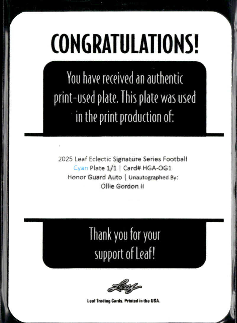 Ollie Gordon II 2025 Leaf Eclectic RC Cyan Printing Plate Oklahoma State 1/1