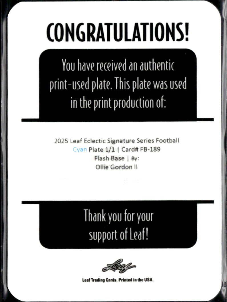 Ollie Gordon II 2025 Leaf Eclectic RC Cyan Printing Plate Oklahoma State 1/1