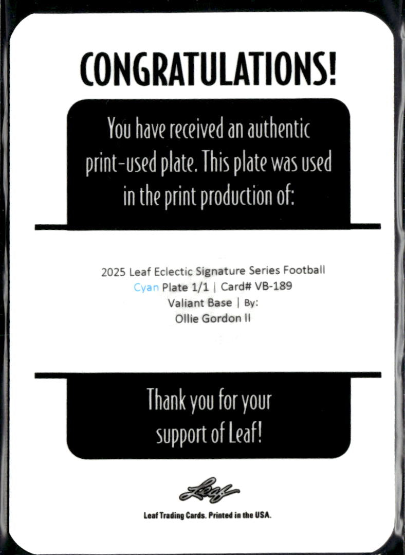 Ollie Gordon II 2025 Leaf Eclectic RC Cyan Printing Plate Oklahoma State 1/1