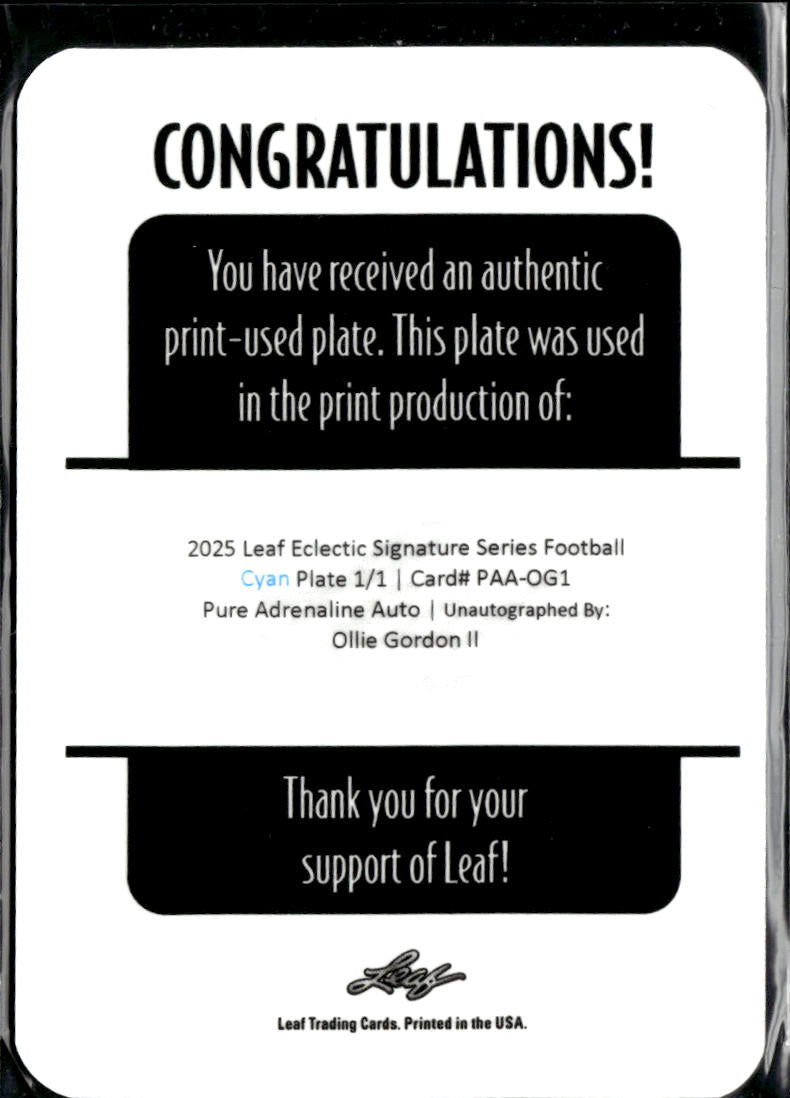 Ollie Gordon II 2025 Leaf Eclectic RC Cyan Printing Plate Oklahoma State 1/1