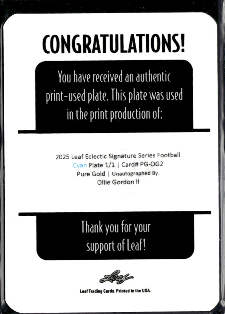 Ollie Gordon II 2025 Leaf Eclectic RC Cyan Printing Plate Oklahoma State 1/1
