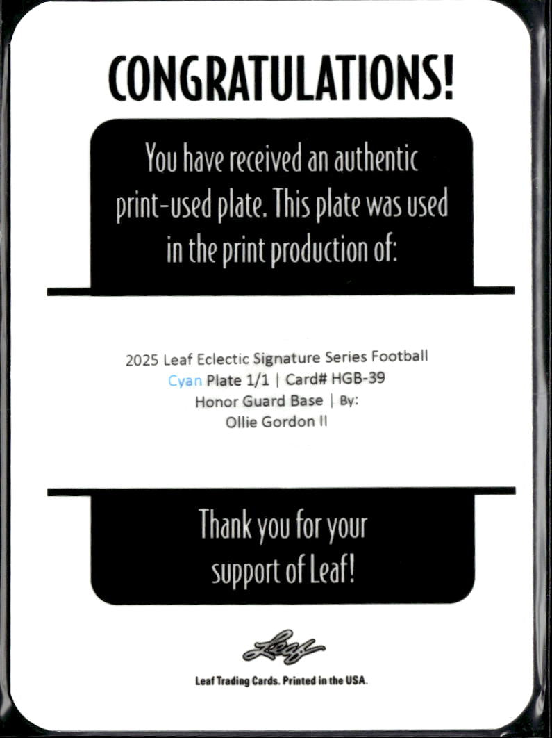 Ollie Gordon II 2025 Leaf Eclectic RC Cyan Printing Plate Oklahoma State 1/1