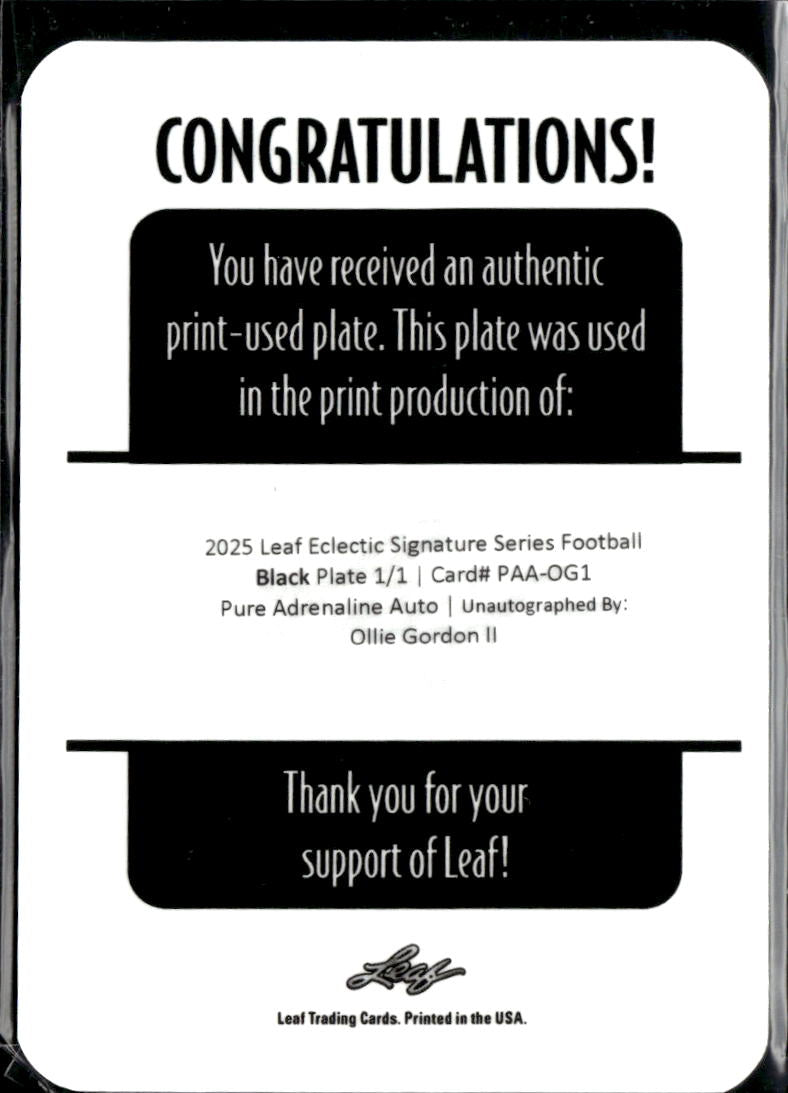 Ollie Gordon II 2025 Leaf Eclectic RC Black Printing Plate Oklahoma State 1/1