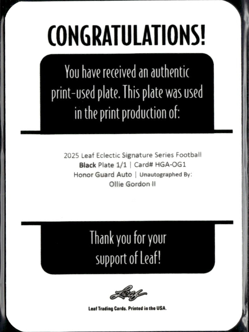 Ollie Gordon II 2025 Leaf Eclectic RC Black Printing Plate Oklahoma State 1/1