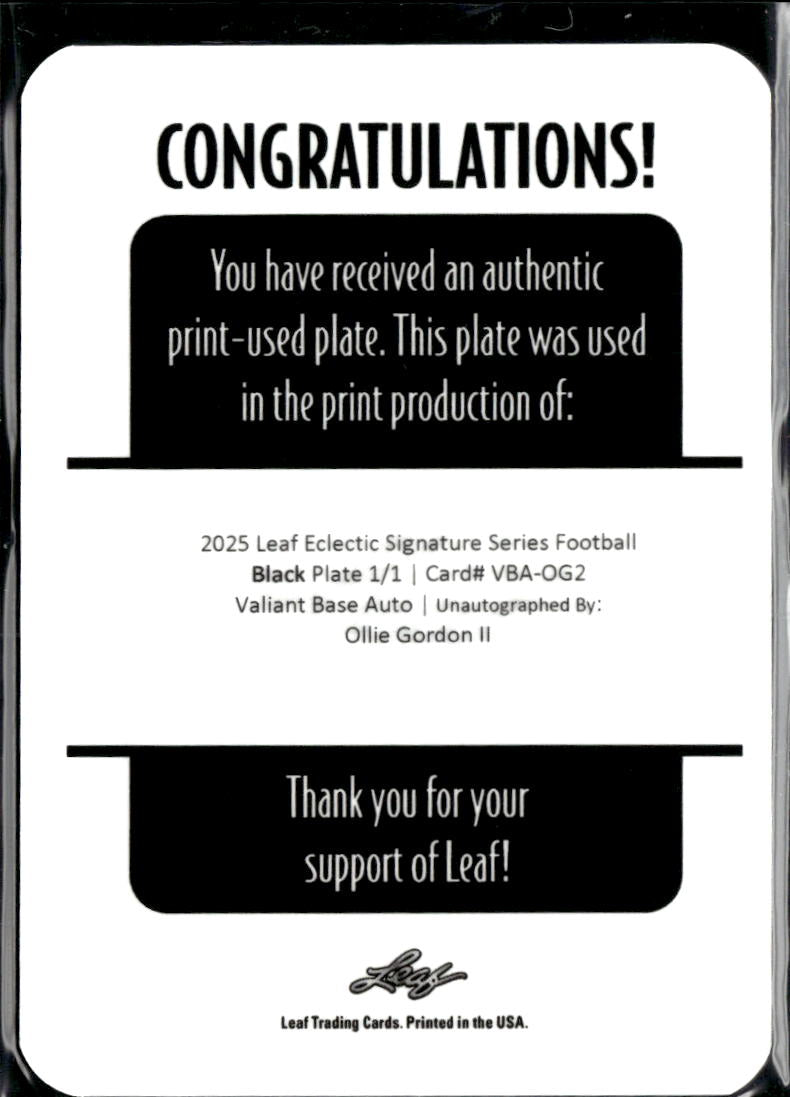 Ollie Gordon II 2025 Leaf Eclectic RC Black Printing Plate Oklahoma State 1/1