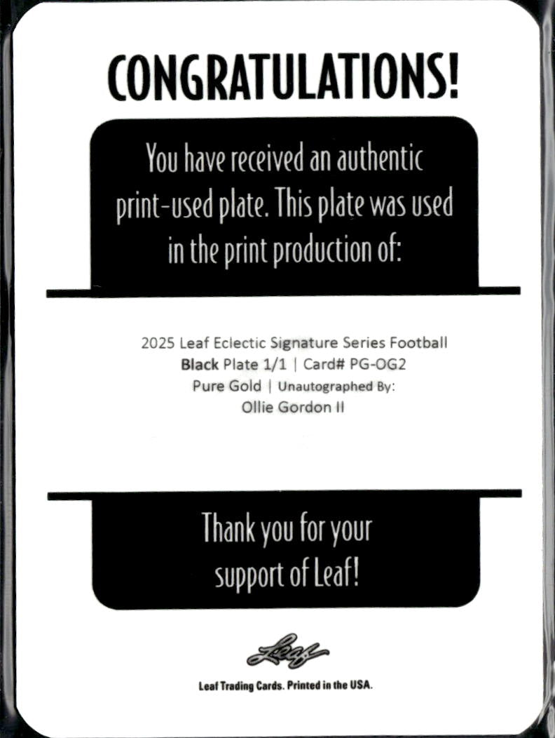 Ollie Gordon II 2025 Leaf Eclectic RC Black Printing Plate Oklahoma State 1/1