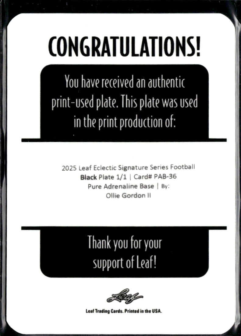 Ollie Gordon II 2025 Leaf Eclectic RC Black Printing Plate Oklahoma State 1/1