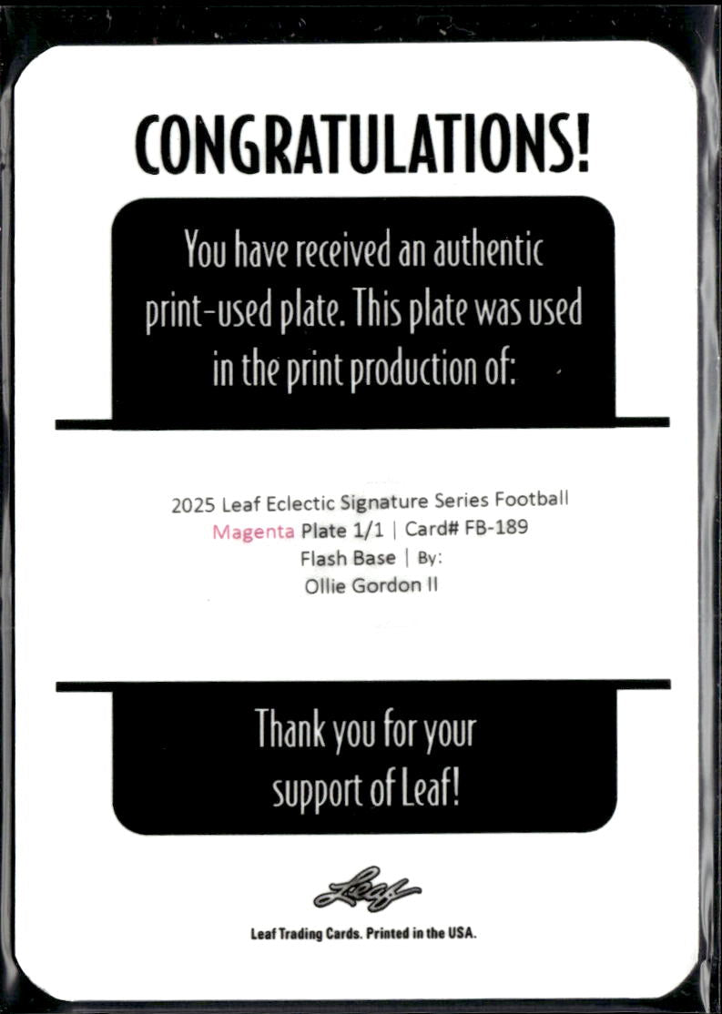 Ollie Gordon II 2025 Leaf Eclectic RC Magenta Printing Plate Oklahoma State 1/1