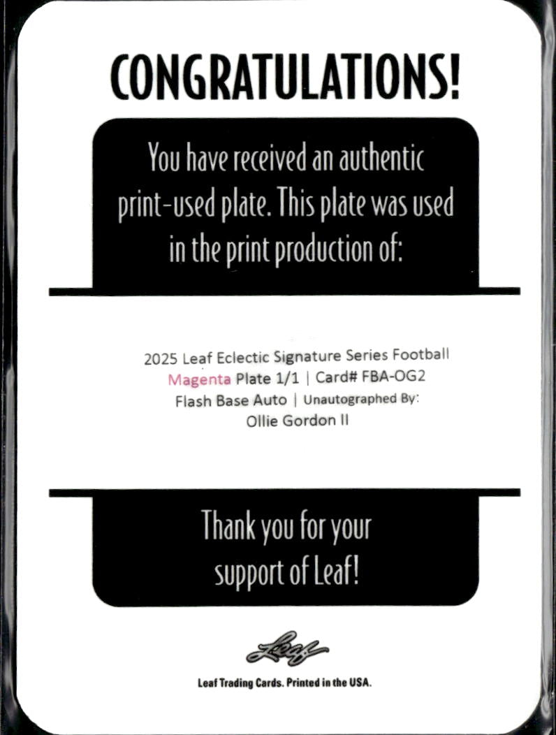Ollie Gordon II 2025 Leaf Eclectic RC Magenta Printing Plate Oklahoma State 1/1