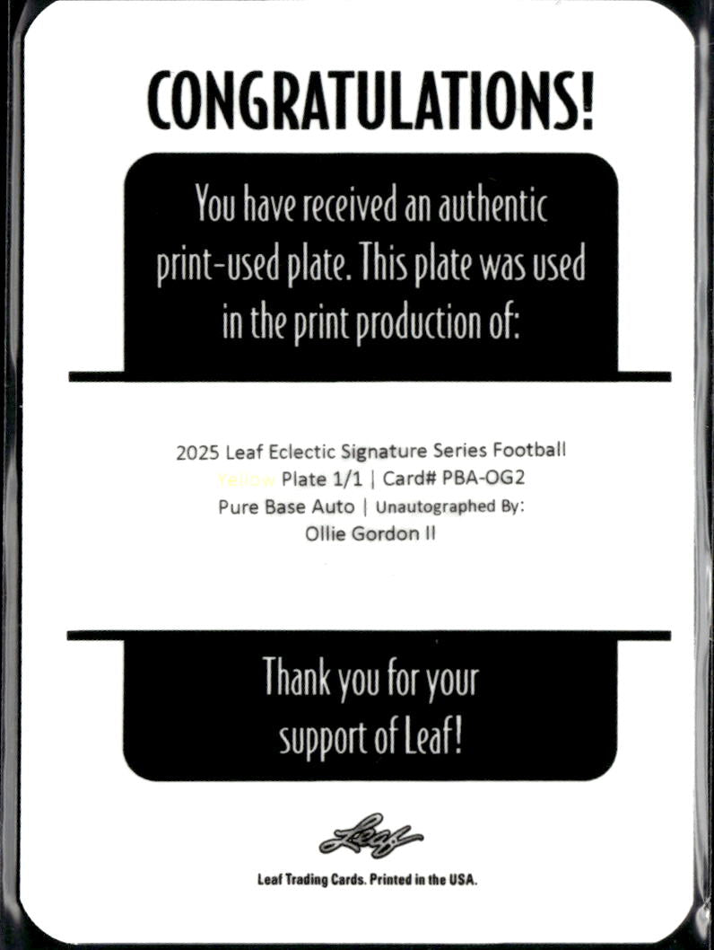 Ollie Gordon II 2025 Leaf Eclectic RC Yellow Printing Plate Oklahoma State 1/1
