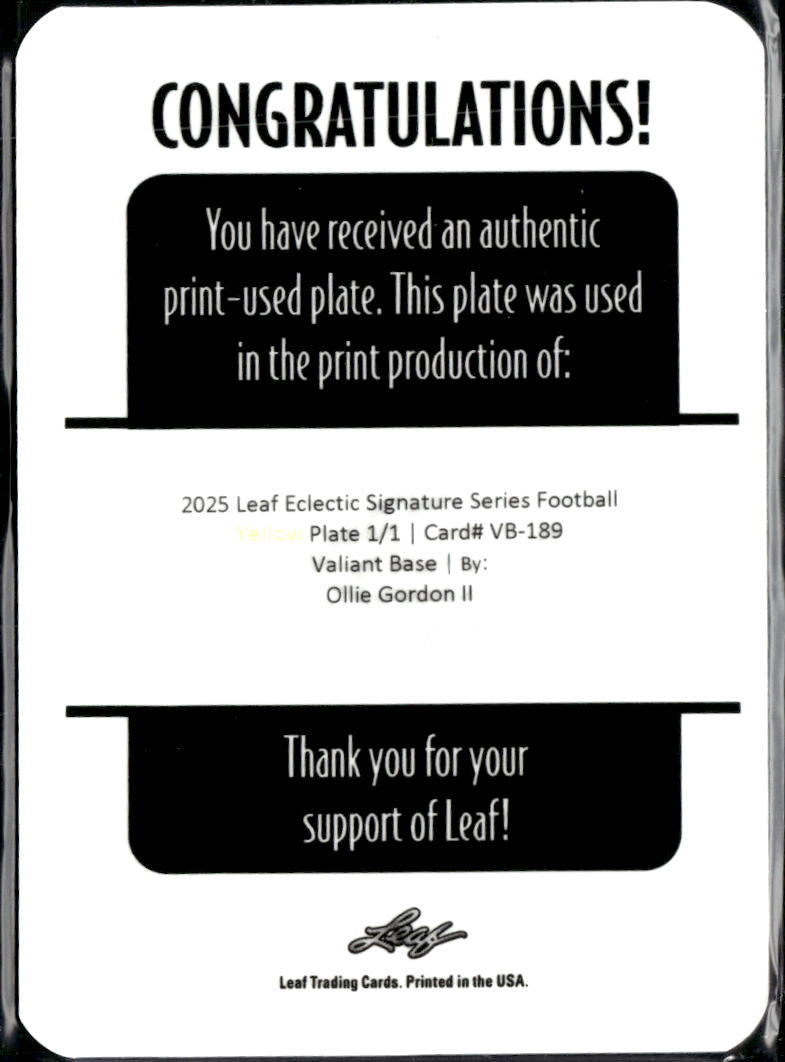 Ollie Gordon II 2025 Leaf Eclectic RC Yellow Printing Plate Oklahoma State 1/1