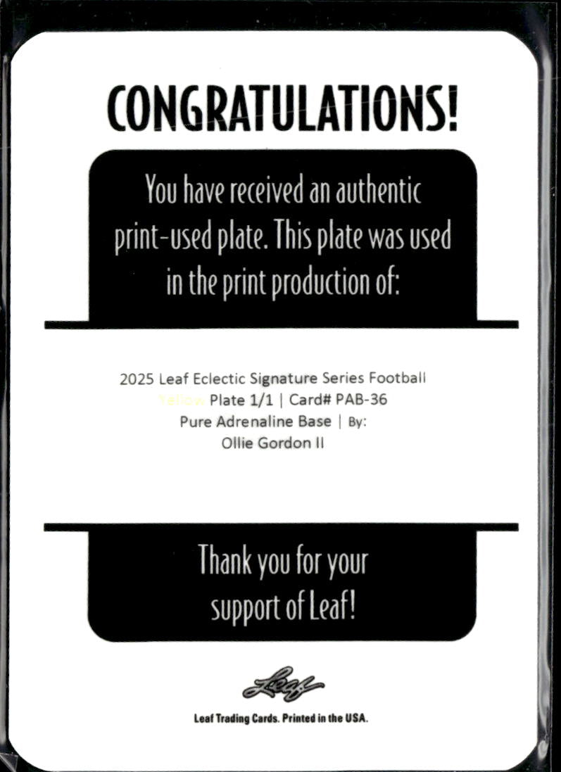 Ollie Gordon II 2025 Leaf Eclectic RC Yellow Printing Plate Oklahoma State 1/1