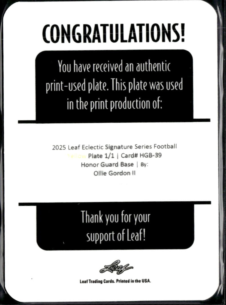 Ollie Gordon II 2025 Leaf Eclectic RC Yellow Printing Plate Oklahoma State 1/1