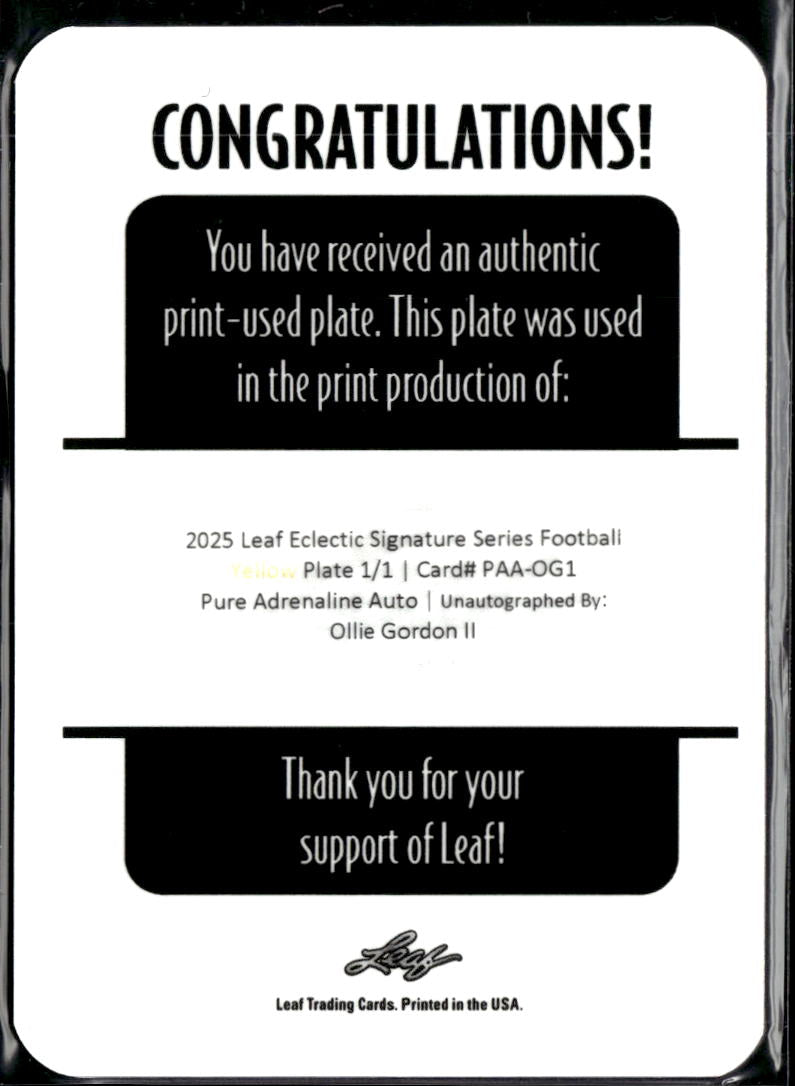 Ollie Gordon II 2025 Leaf Eclectic RC Yellow Printing Plate Oklahoma State 1/1