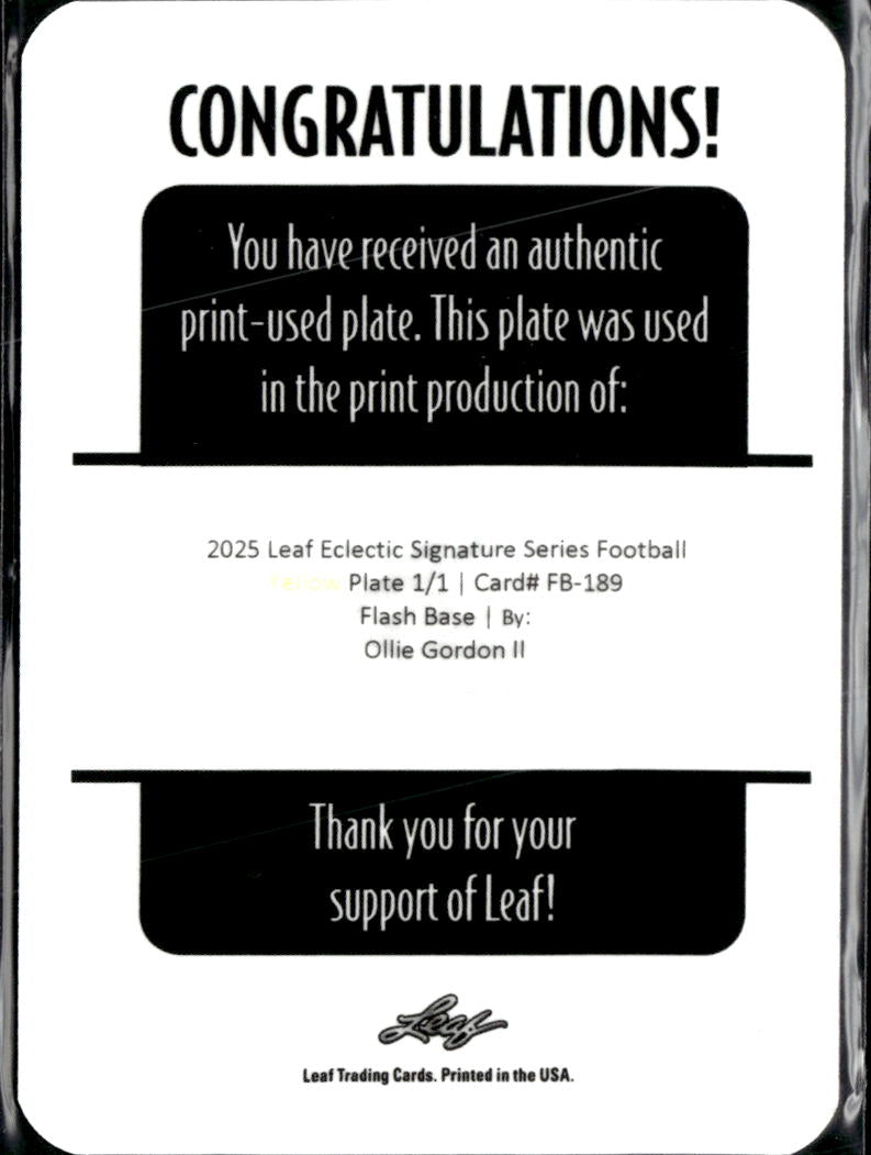 Ollie Gordon II 2025 Leaf Eclectic RC Yellow Printing Plate Oklahoma State 1/1