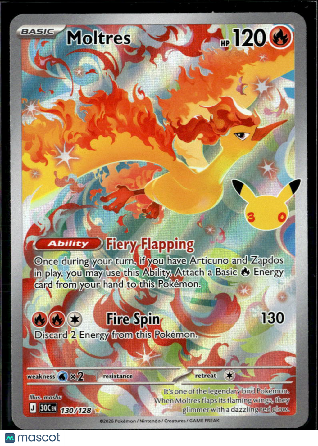 Moltres 2026 30th Celebration Holo Secret Rare #130/128