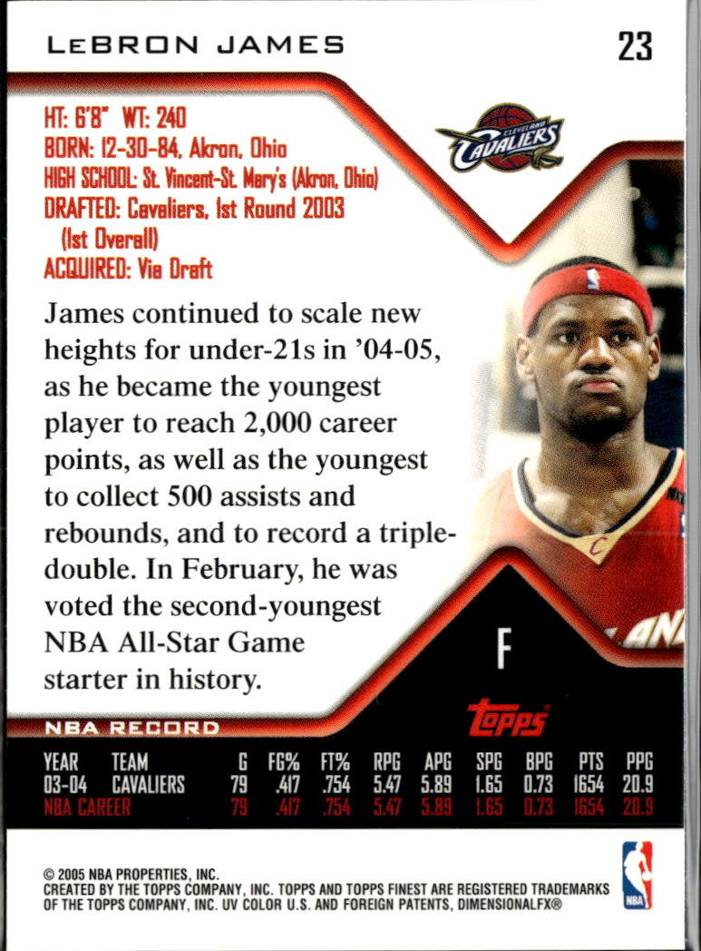 LeBron James 2004-05 Topps Finest #23 Cleveland Cavaliers