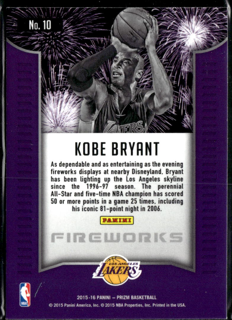 Kobe Bryant 2015-16 Panini Prizm Fireworks Insert #10 Los Angeles Lakers