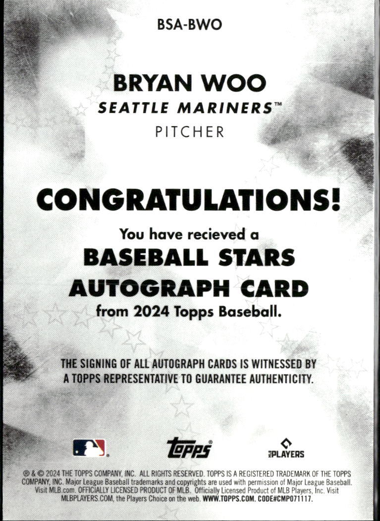 Bryan Woo 2024 Topps Stars Auto Autograph RC Seattle Mariners