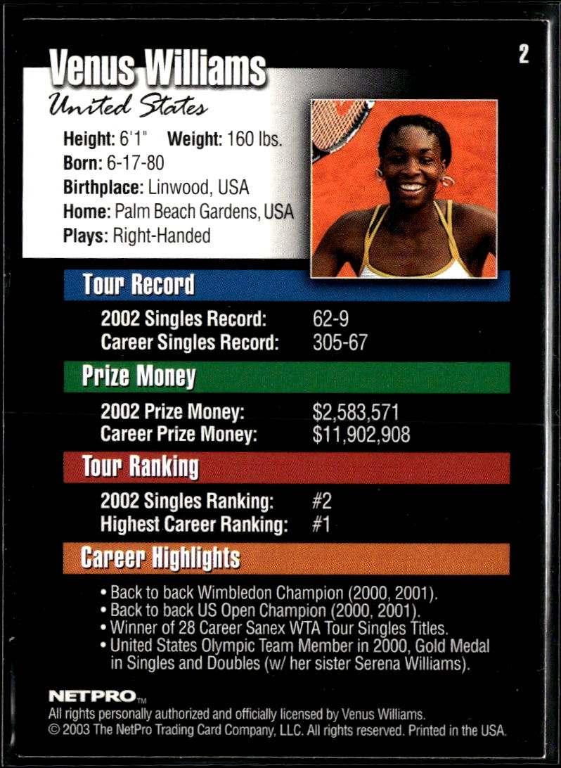 Venus Williams 2003 NetPro Rookie Card RC Tennis #2