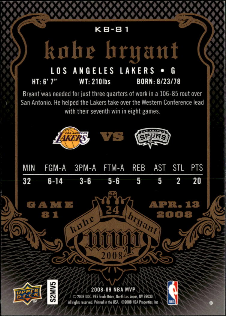Kobe Bryant 2008 Upper Deck MVP #81 Los Angeles Lakers