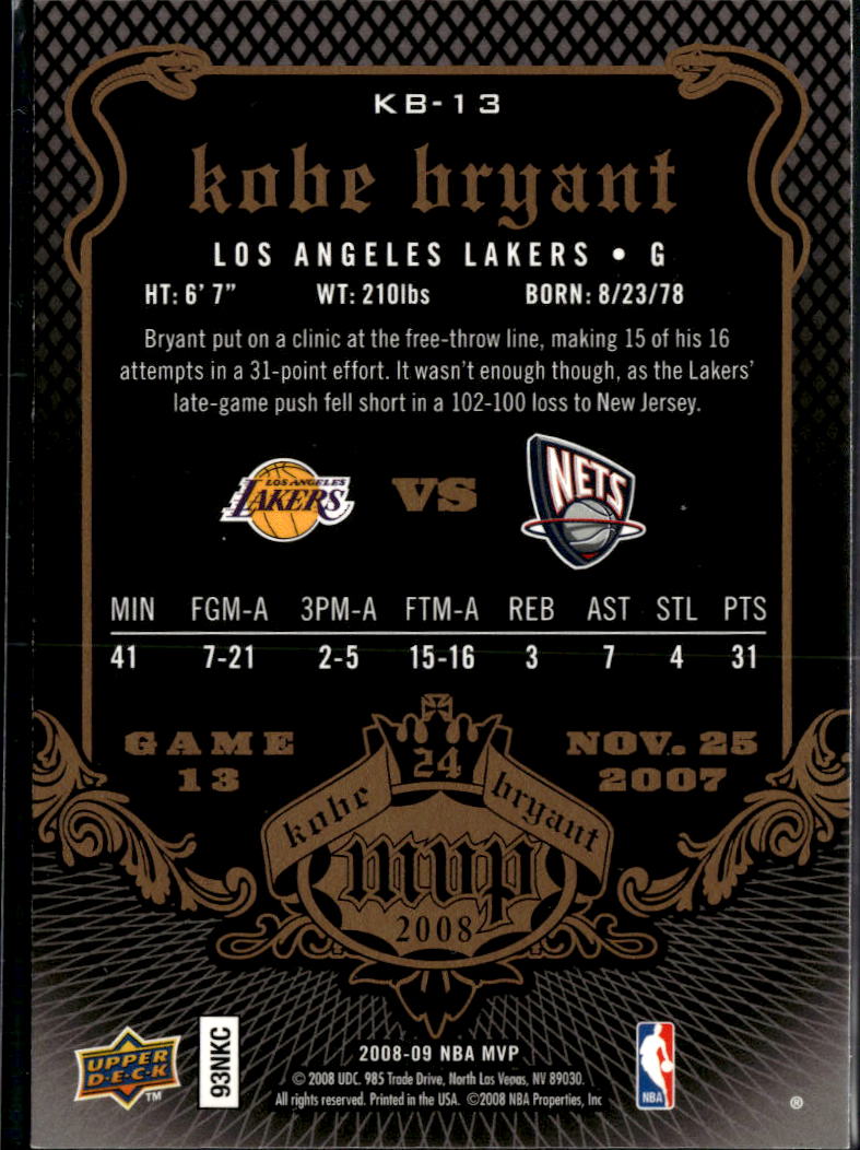 Kobe Bryant 2008 Upper Deck MVP #13 Los Angeles Lakers