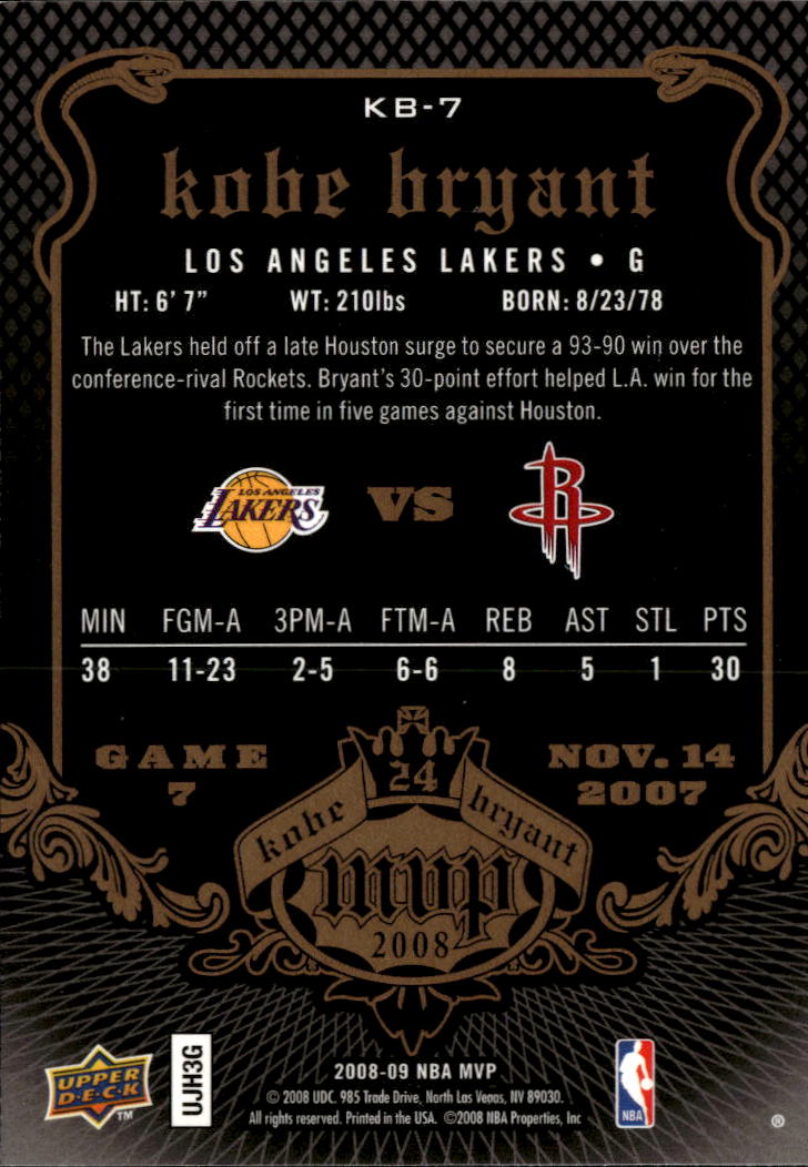 Kobe Bryant 2008 Upper Deck MVP #7 Los Angeles Lakers