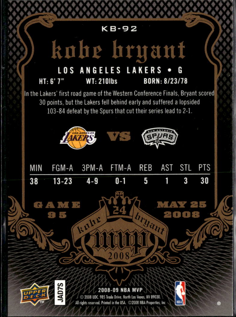 Kobe Bryant 2008 Upper Deck MVP #92 Los Angeles Lakers