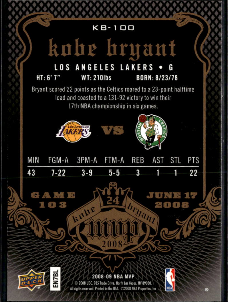 Kobe Bryant 2008 Upper Deck MVP #100 Los Angeles Lakers