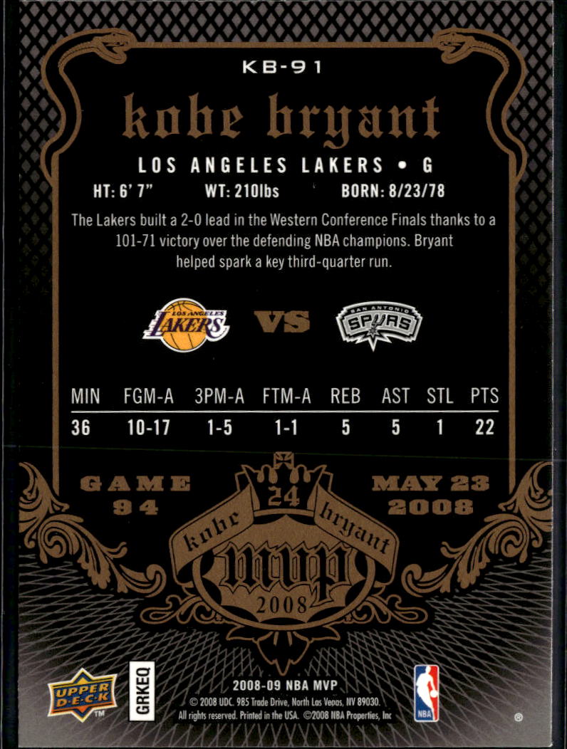 Kobe Bryant 2008 Upper Deck MVP #91 Los Angeles Lakers