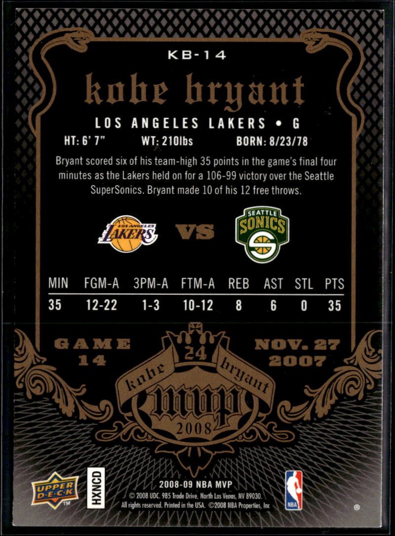 Kobe Bryant 2008 Upper Deck MVP #14 Los Angeles Lakers