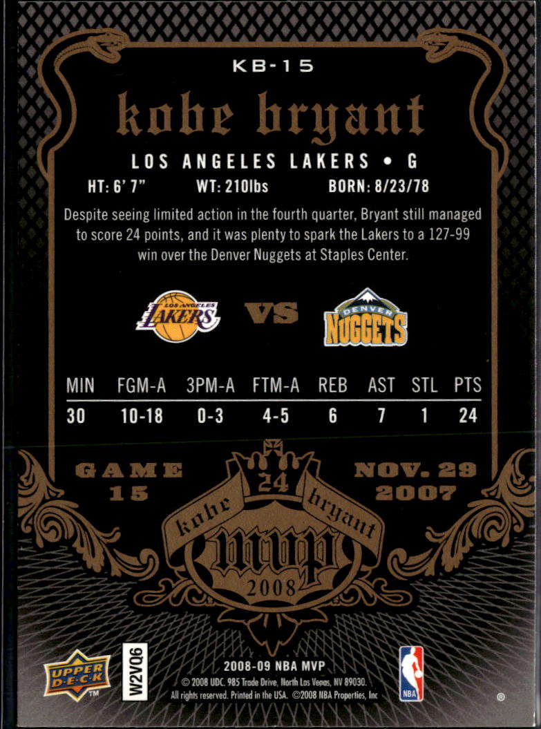 Kobe Bryant 2008 Upper Deck MVP #15 Los Angeles Lakers
