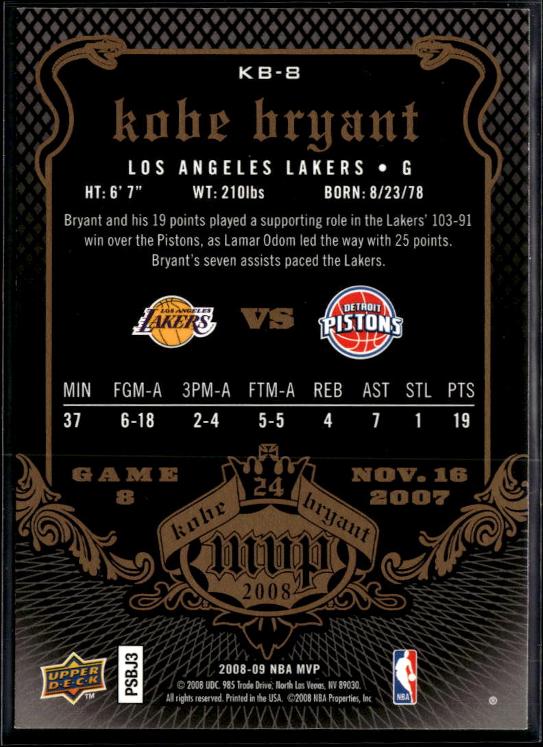 Kobe Bryant 2008 Upper Deck MVP #8 Los Angeles Lakers