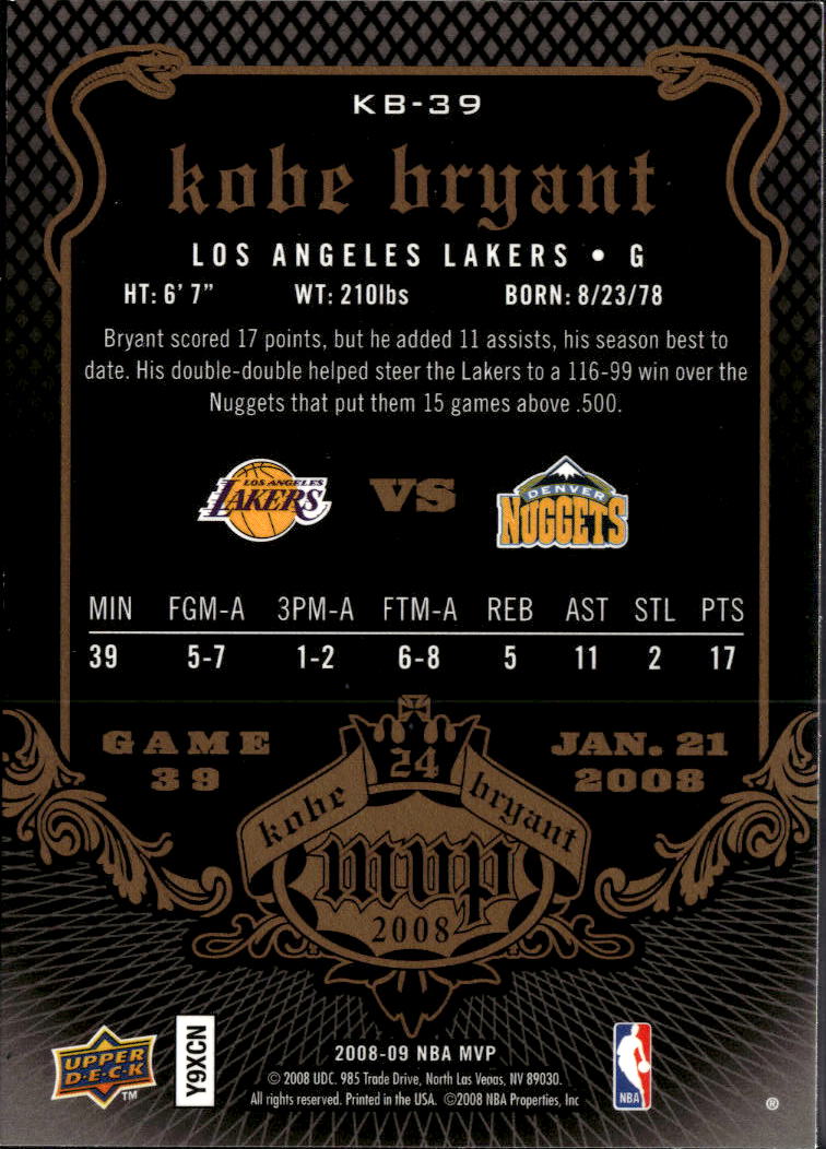Kobe Bryant 2008 Upper Deck MVP #39 Los Angeles Lakers