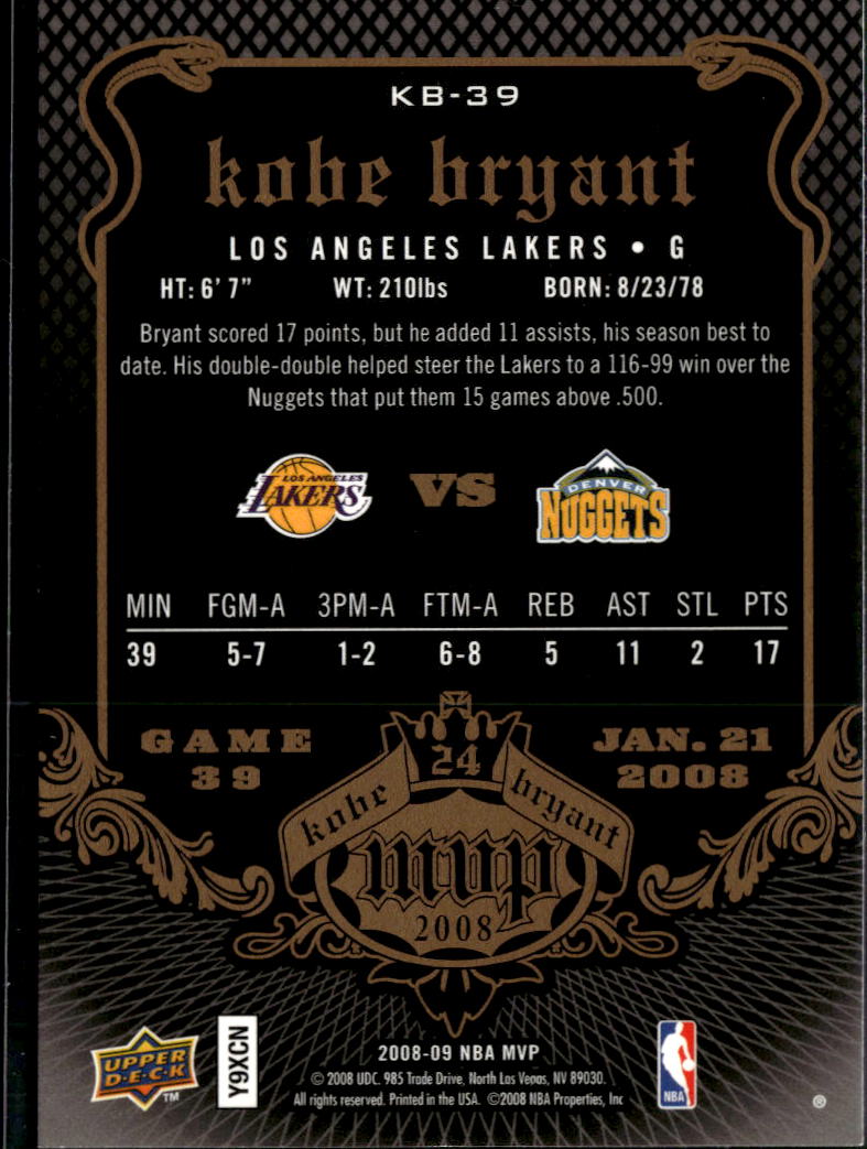 Kobe Bryant 2008 Upper Deck MVP #39 Los Angeles Lakers